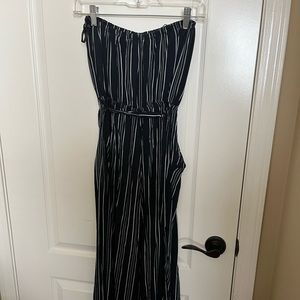 Navy blue & white striped strapless jumpsuit